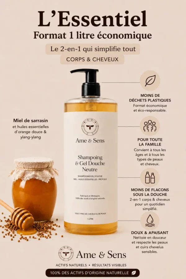 Gel douche shampoing 1 litre 2 en 1 format économique et familial