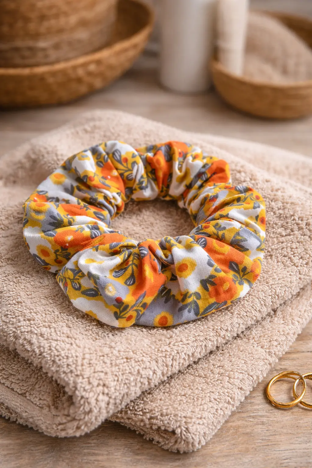 chouchou cheveux fait main motif fleuri coton recyclé Ame et Sens