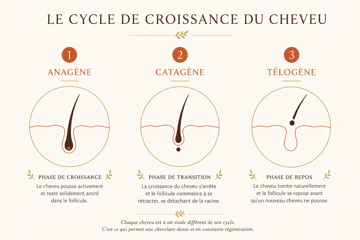 Schéma des 3 phases du cycle capillaire : anagène, catagène, télogène