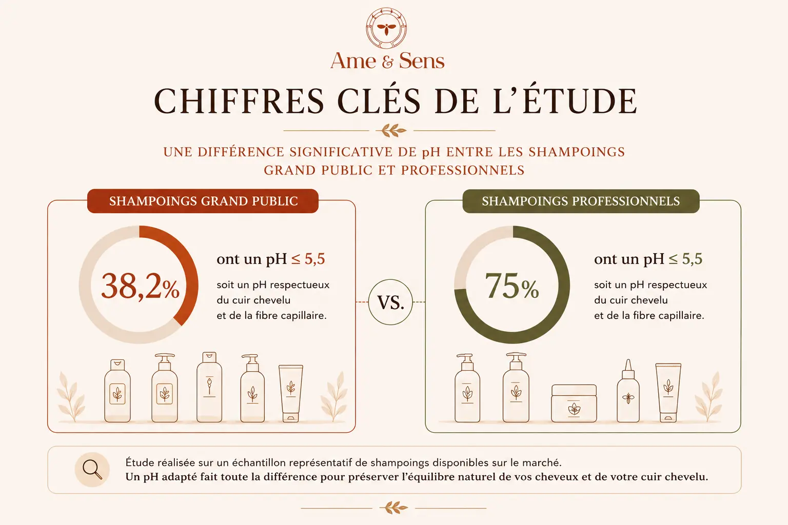 Chiffres clés de l'étude Gavazzoni Dias : 38,2% des shampoings grand public ont un pH ≤5,5 contre 75% des produits professionnels