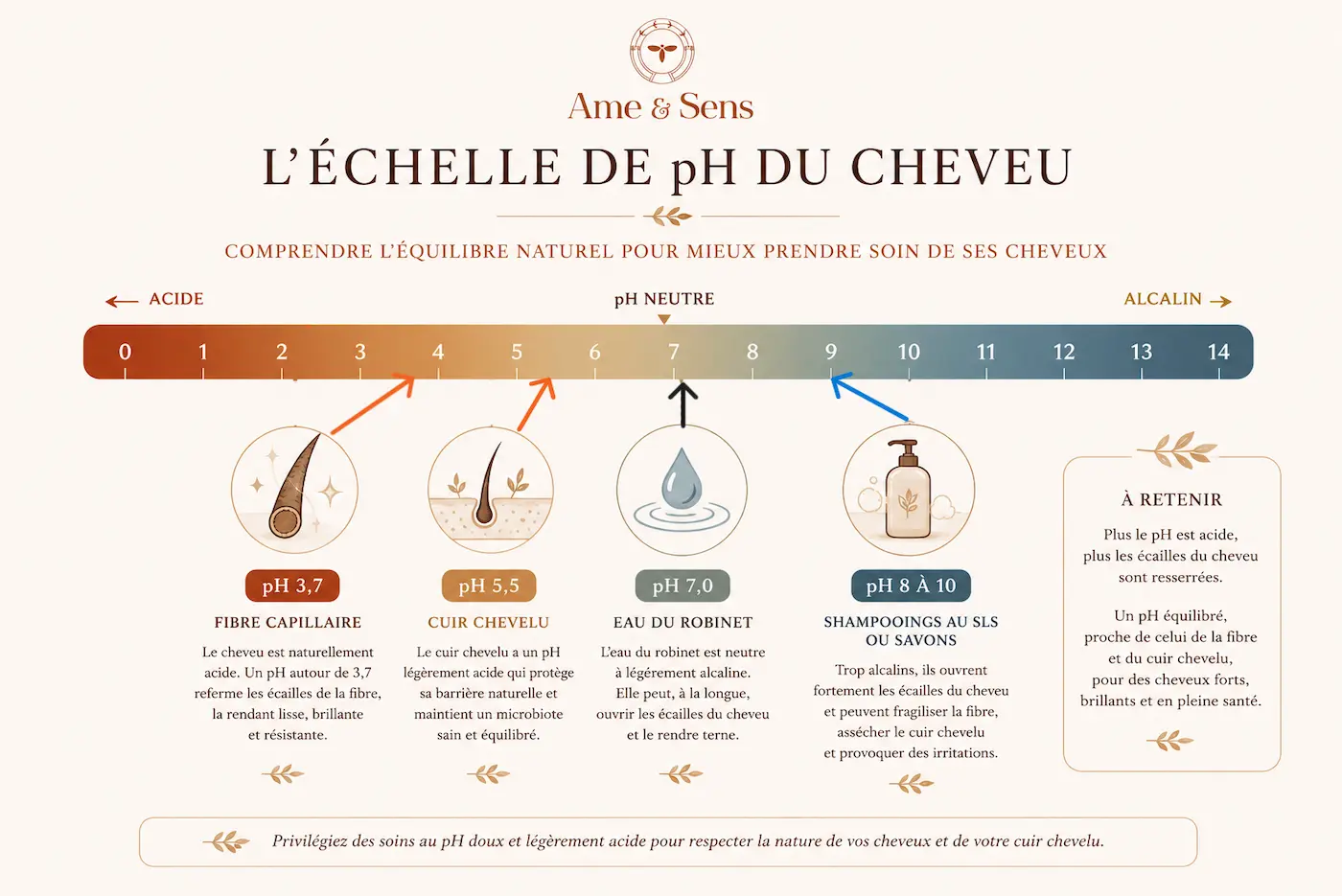 Échelle de pH du cheveu de 0 à 14, repositionnant le pH de la fibre (3,7), du cuir chevelu (5,5), de l'eau du robinet (7,0) et des shampoings au SLS ou savons (8 à 10)
