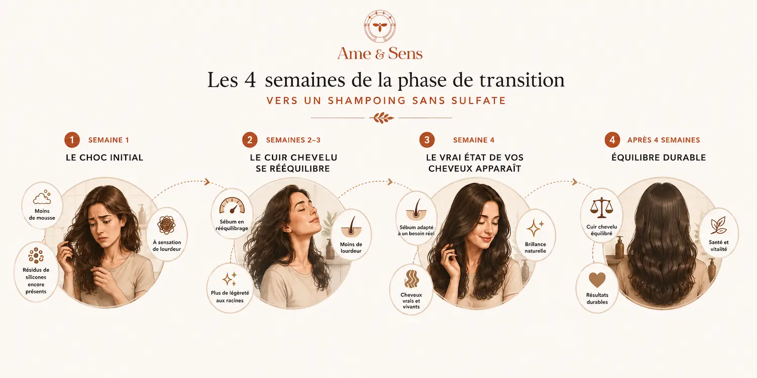 Frise de la phase de transition : semaine 1 sevrage et rééquilibrage du sébum, semaines 2-3 stabilisation, semaine 4 cuir chevelu apaisé et brillance naturelle