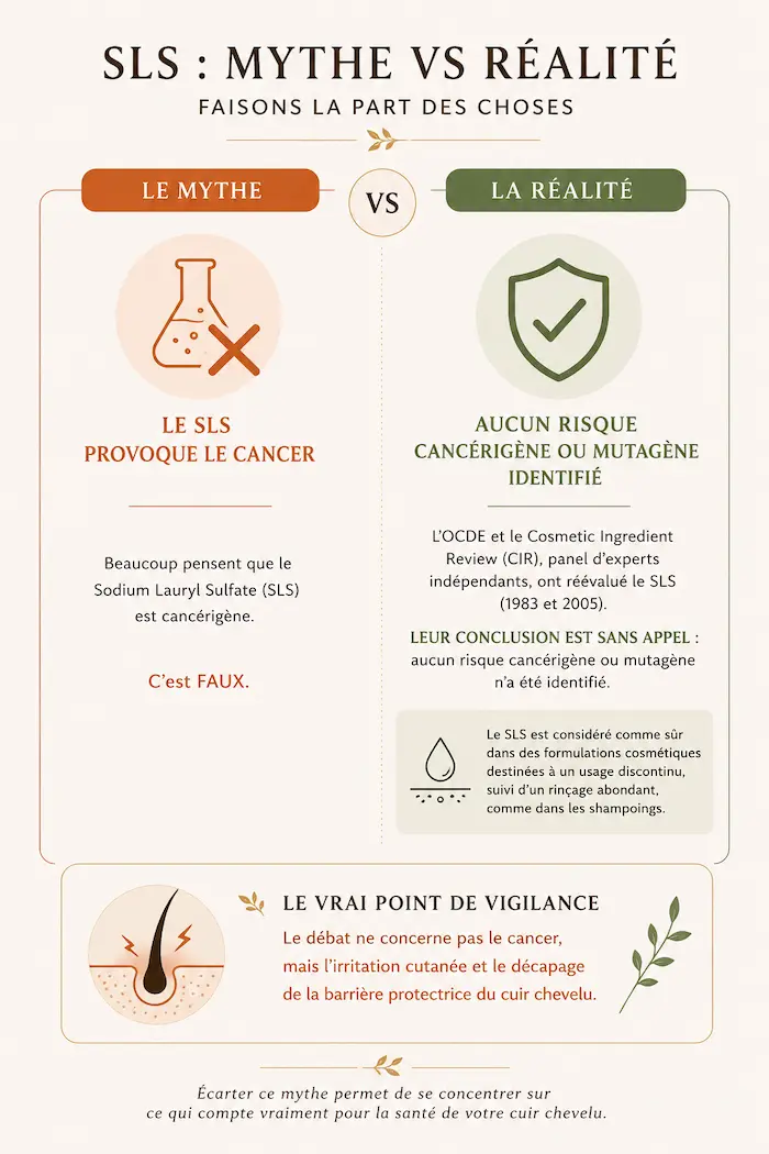 Mythe vs réalité sur le SLS : absence de risque cancérigène selon le CIR et l'OCDE, vrai risque d'irritation cutanée