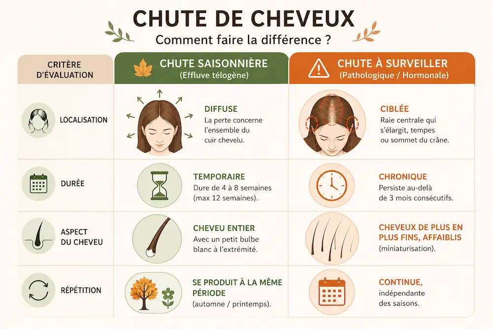 Tableau comparatif chute saisonnière vs chute pathologique : localisation diffuse ou ciblée, durée temporaire de 4 à 8 semaines ou chronique au-delà de 3 mois, aspect du cheveu avec ou sans bulbe visible, répétition saisonnière ou continue