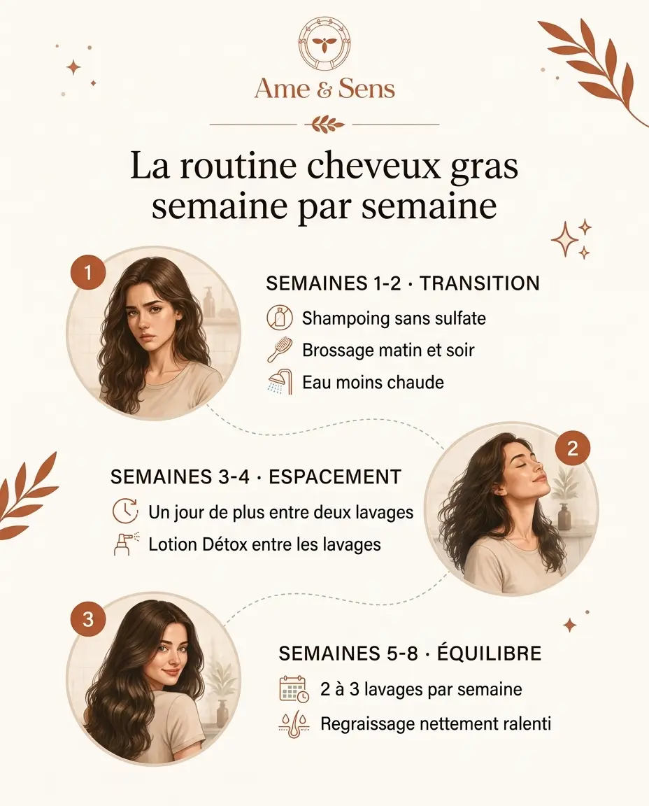 Routine cheveux gras semaine par semaine : transition, espacement, équilibre